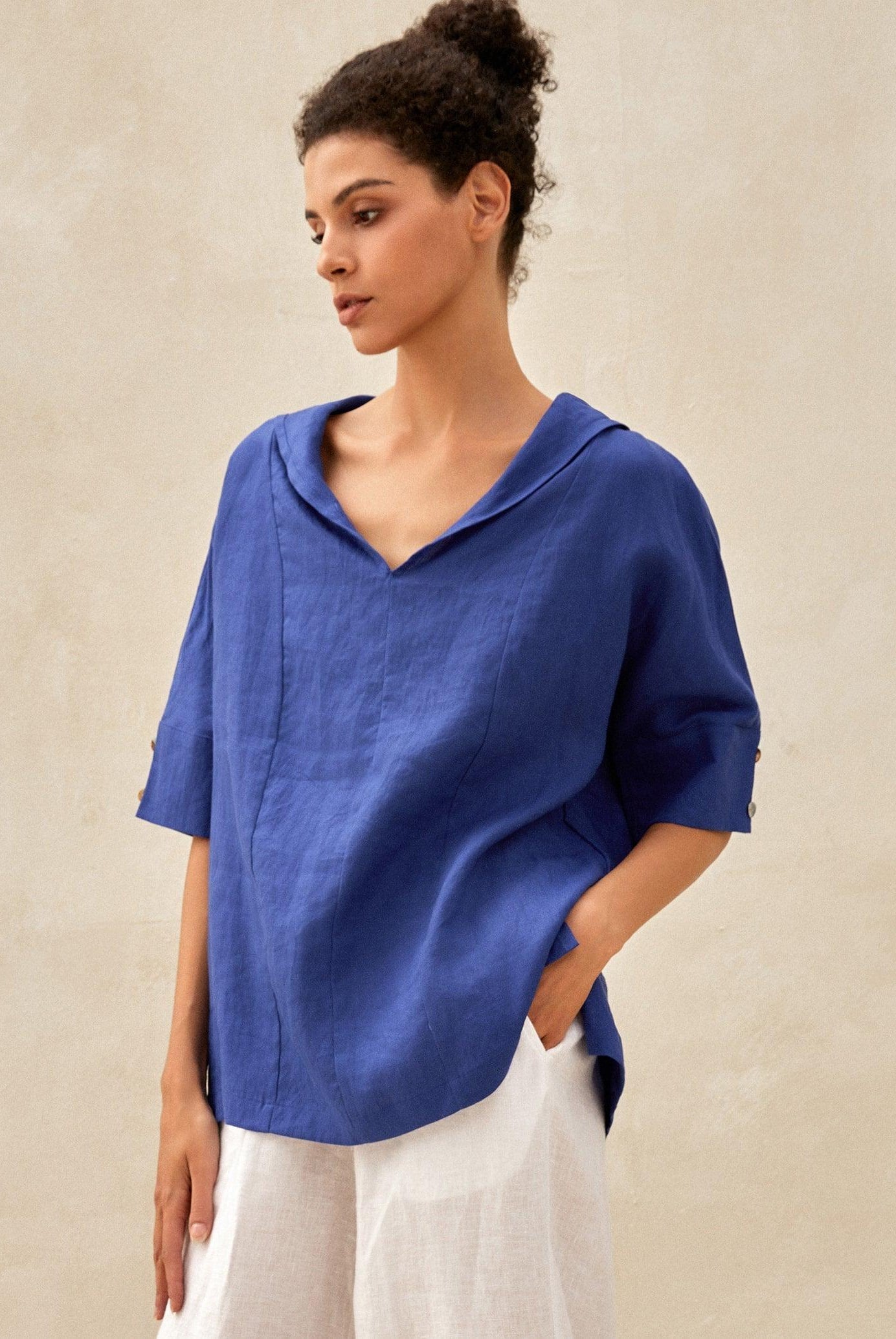 100% Linen V-Neck Short Sleeve Shirt SIERRA - Royal Blue / XS - TOPS-Linen Blouses