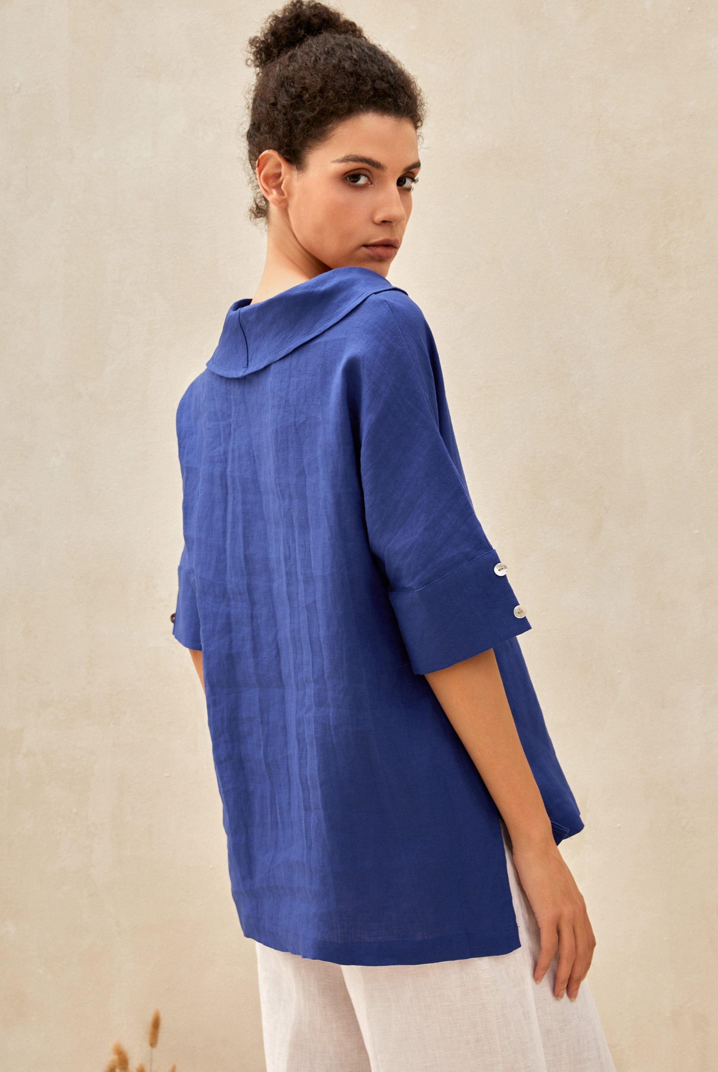 100% Linen V-Neck Short Sleeve Shirt SIERRA - TOPS-Linen Blouses