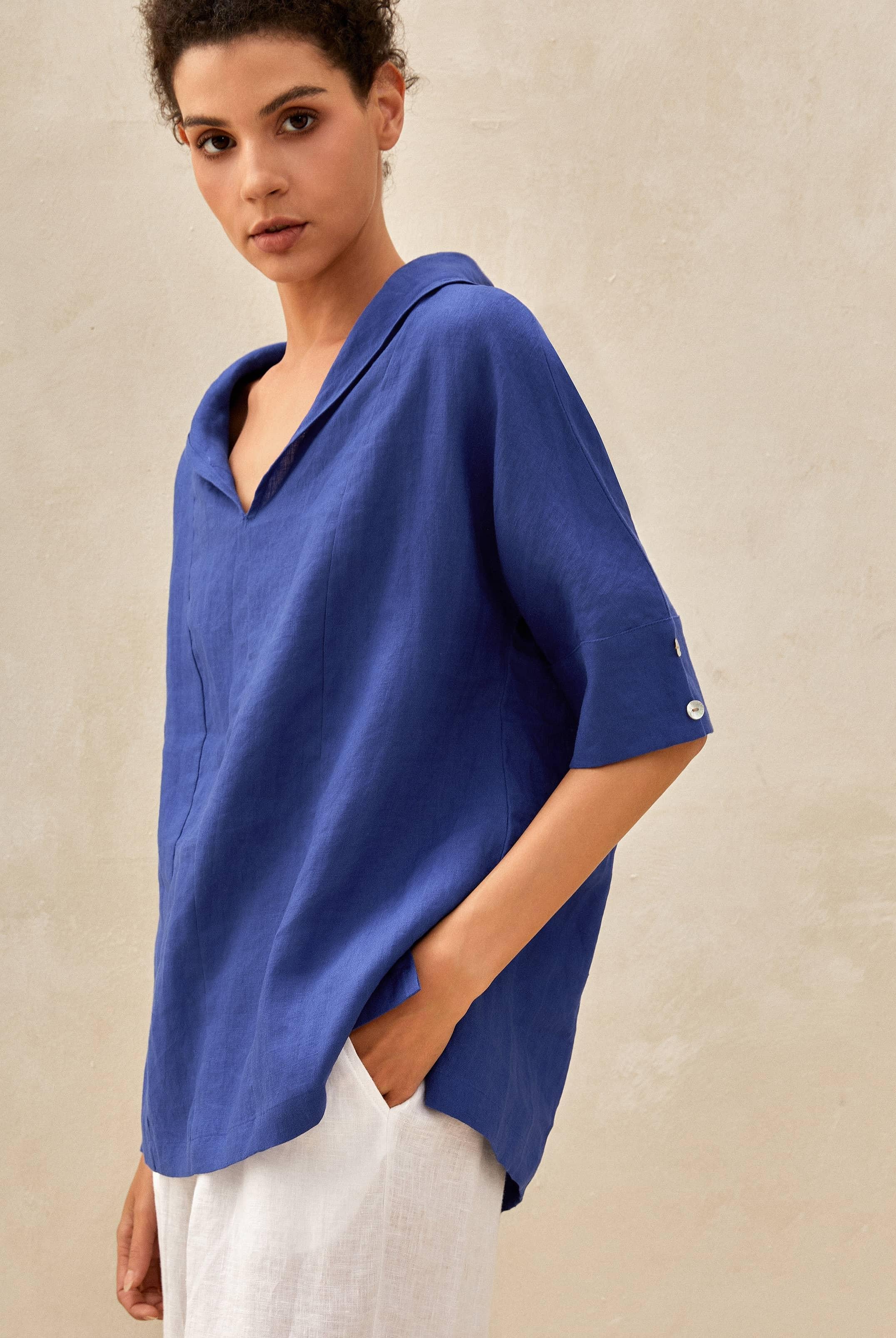 100% Linen V-Neck Short Sleeve Shirt SIERRA - TOPS-Linen Blouses