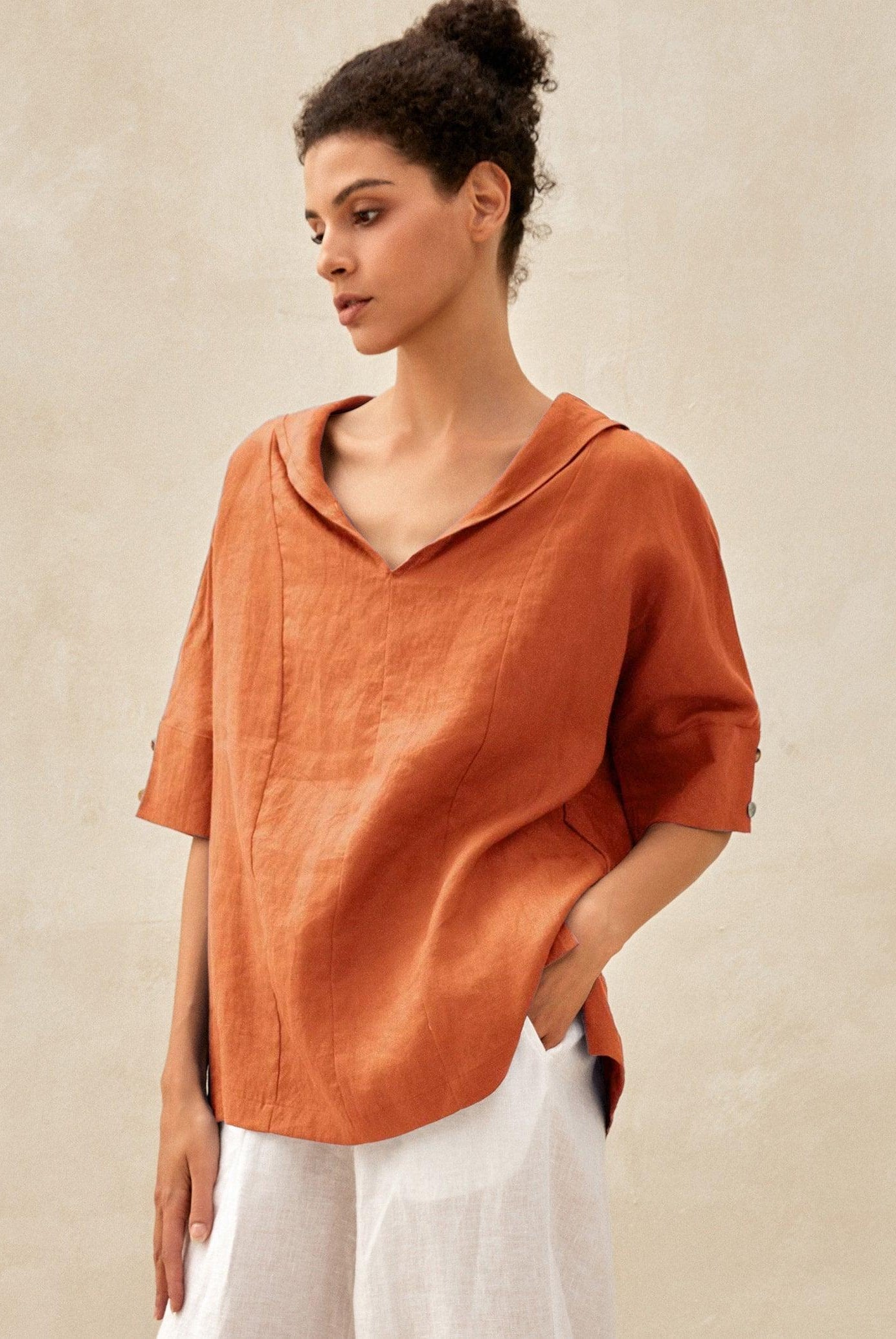 100% Linen V-Neck Short Sleeve Shirt SIERRA - Sun Orange / XS - TOPS-Linen Blouses