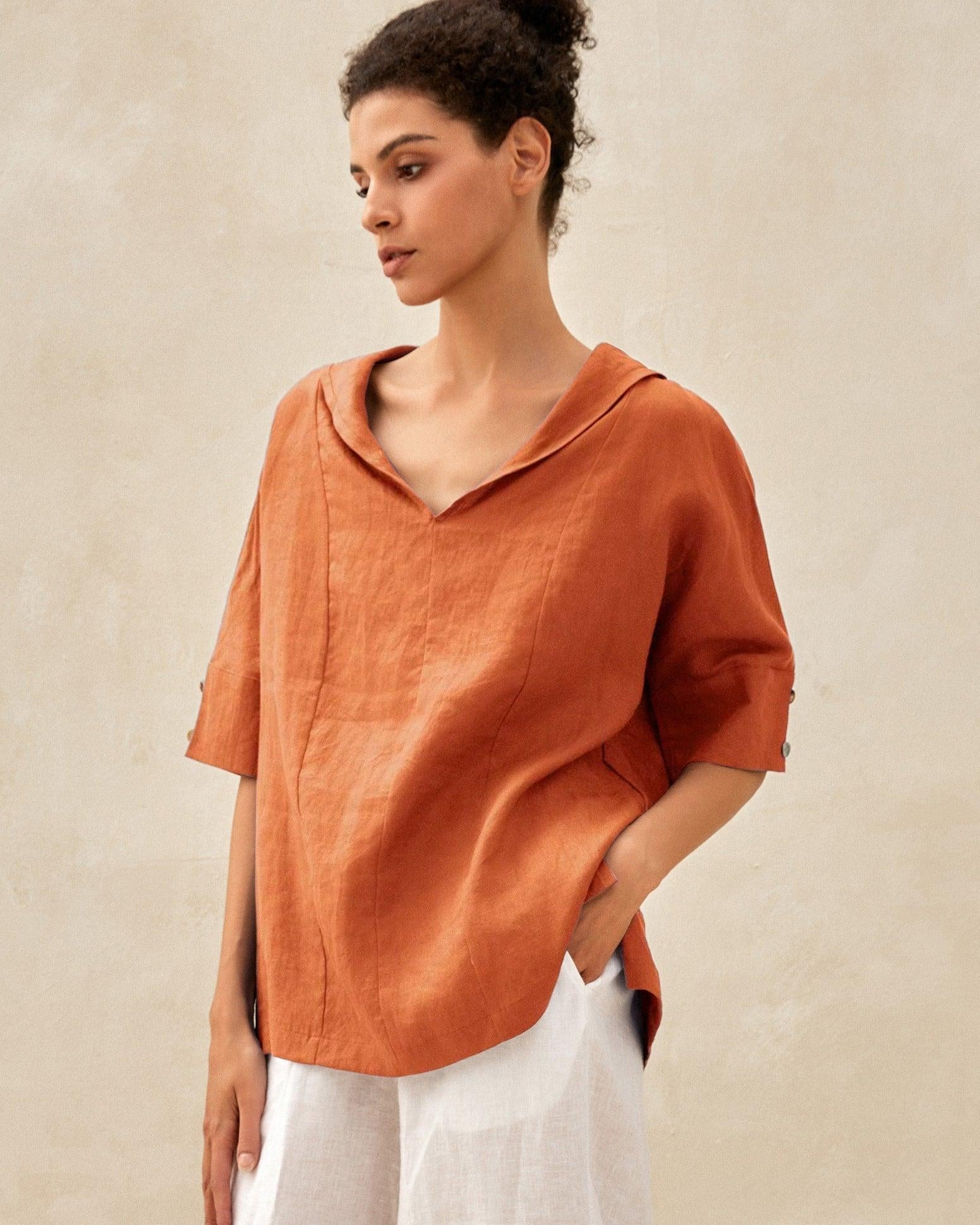 100% Linen V-Neck Short Sleeve Shirt SIERRA - Sun Orange / XS - TOPS-Linen Blouses