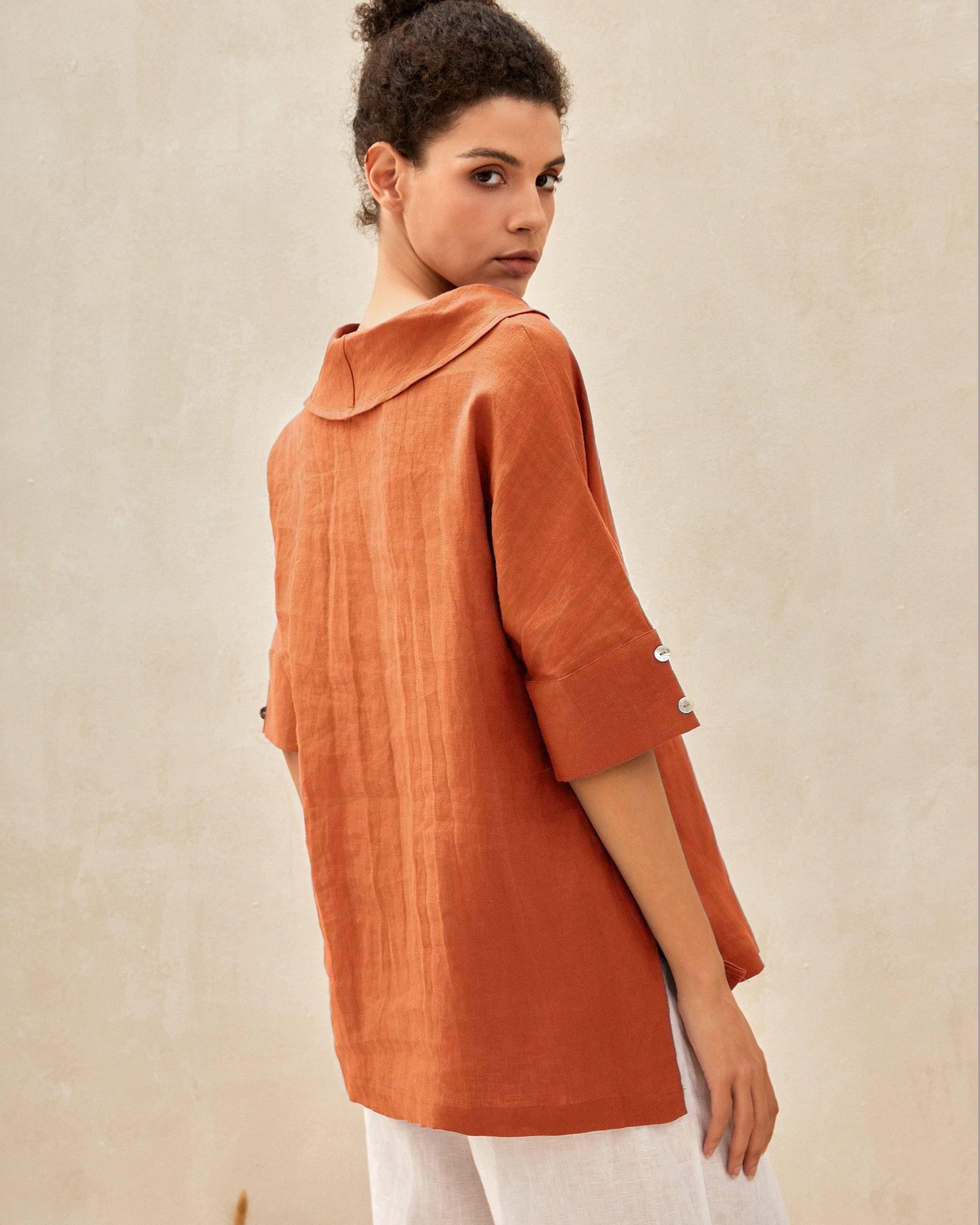 100% Linen V-Neck Short Sleeve Shirt SIERRA - TOPS-Linen Blouses