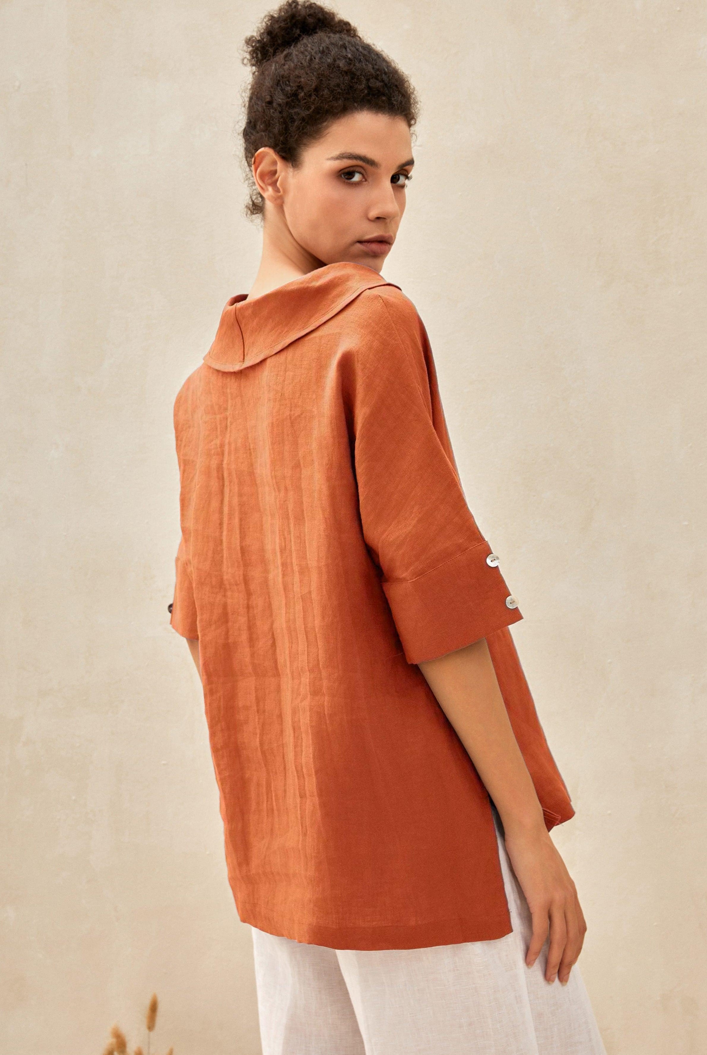 100% Linen V-Neck Short Sleeve Shirt SIERRA - TOPS-Linen Blouses