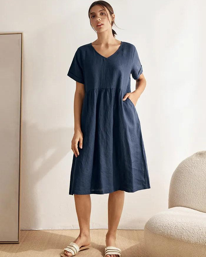 100% Linen V-Neck Waist Ruched Pocket Dress CHARLOTTE - DRESSES-Linen Midi