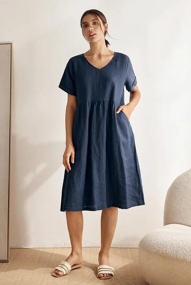 100% Linen V-Neck Waist Ruched Pocket Dress CHARLOTTE - DRESSES-Linen Midi