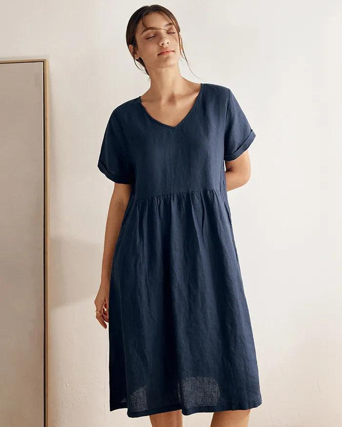 100% Linen V-Neck Waist Ruched Pocket Dress CHARLOTTE - DRESSES-Linen Midi
