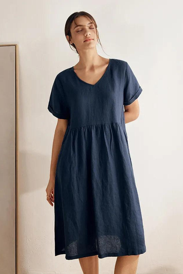 100% Linen V-Neck Waist Ruched Pocket Dress CHARLOTTE - DRESSES-Linen Midi