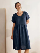 100% Linen V-Neck Waist Ruched Pocket Dress CHARLOTTE - DRESSES-Linen Midi