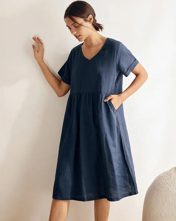 100% Linen V-Neck Waist Ruched Pocket Dress CHARLOTTE - Navy Blue / S - DRESSES-Linen Midi