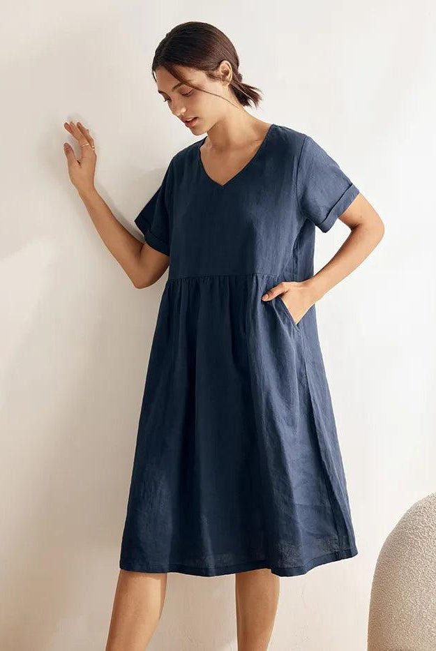 100% Linen V-Neck Waist Ruched Pocket Dress CHARLOTTE - Navy Blue / S - DRESSES-Linen Midi