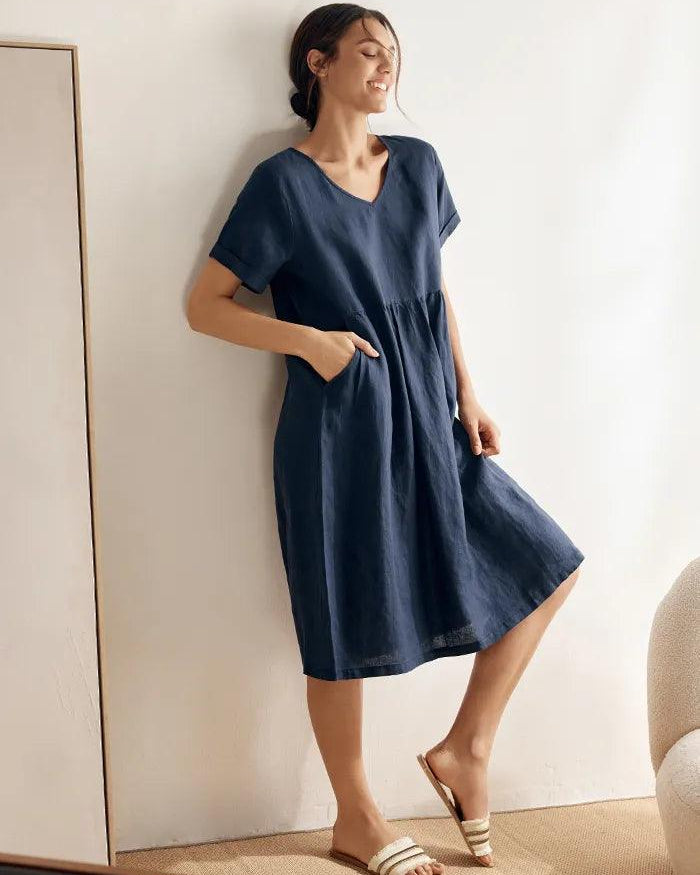 100% Linen V-Neck Waist Ruched Pocket Dress CHARLOTTE - DRESSES-Linen Midi