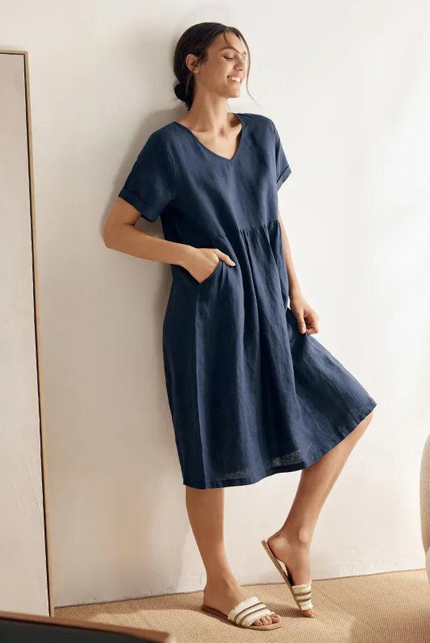 100% Linen V-Neck Waist Ruched Pocket Dress CHARLOTTE - DRESSES-Linen Midi
