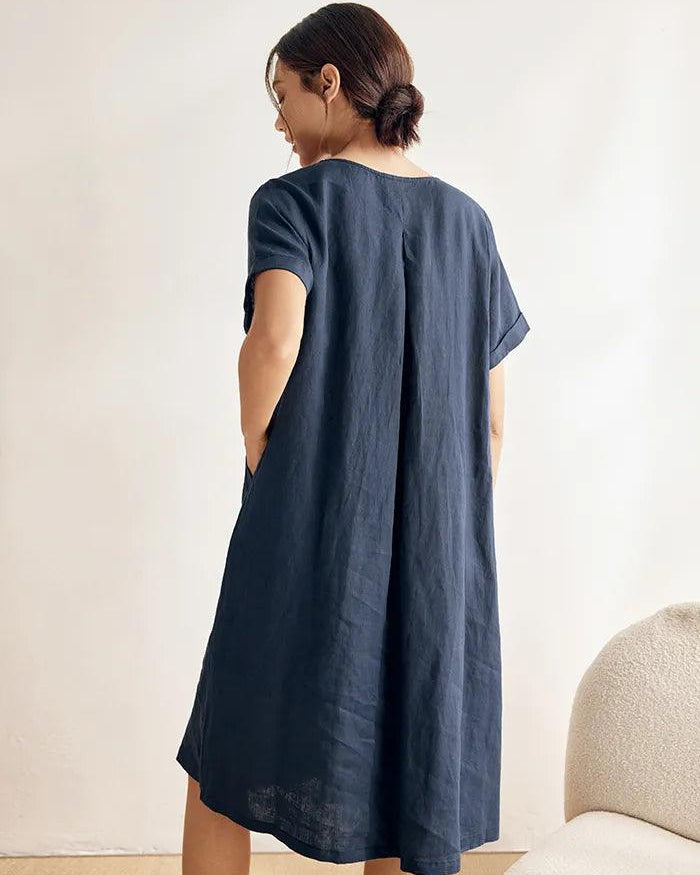100% Linen V-Neck Waist Ruched Pocket Dress CHARLOTTE - DRESSES-Linen Midi