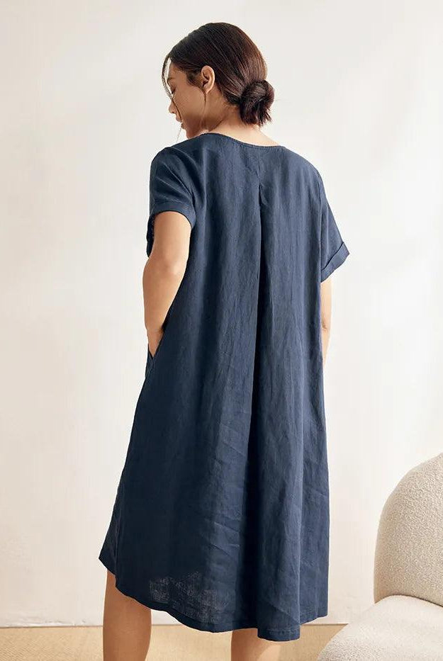 100% Linen V-Neck Waist Ruched Pocket Dress CHARLOTTE - DRESSES-Linen Midi