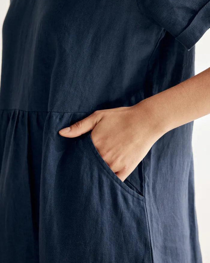 100% Linen V-Neck Waist Ruched Pocket Dress CHARLOTTE - DRESSES-Linen Midi