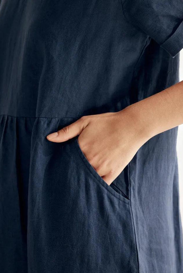 100% Linen V-Neck Waist Ruched Pocket Dress CHARLOTTE - DRESSES-Linen Midi