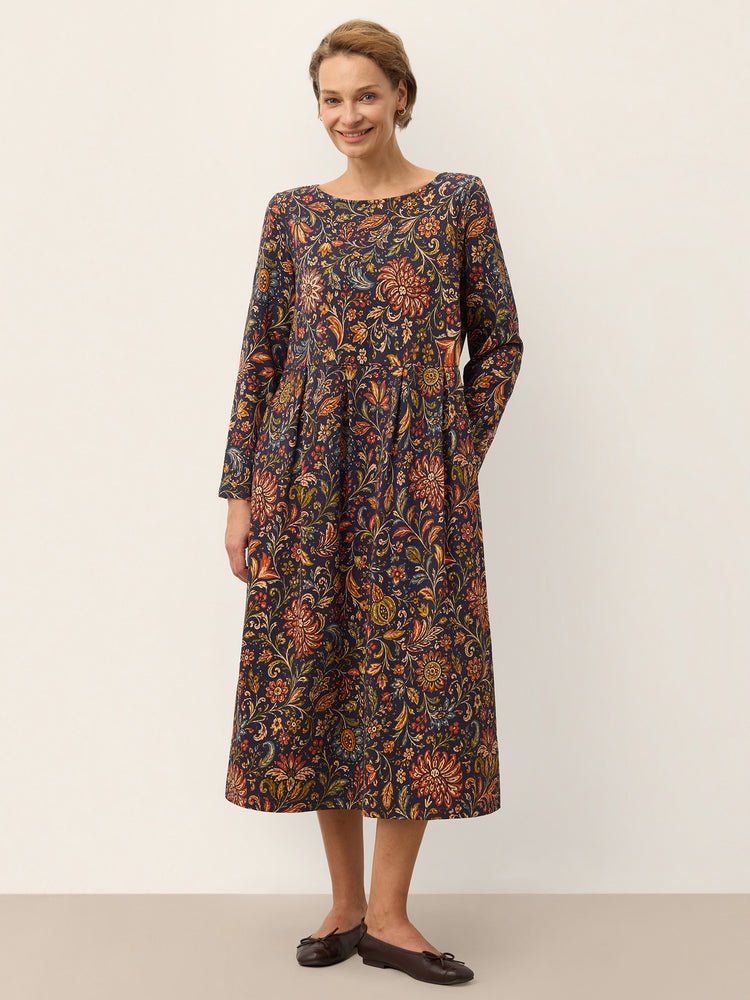 100% Cotton Botanical Paisley Print Long Sleeve Midi Dress VIOLETTE
