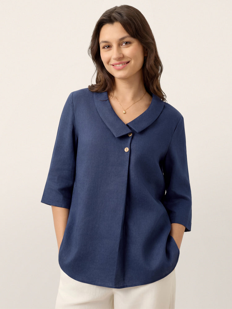 100% Linen Asymmetric Collar Inverted Pleat Top OTTILIE by LINTICO for women