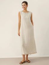 100% Linen Beaded Crew Neck Midi Dress with Belt BELLA by LINTICO for women