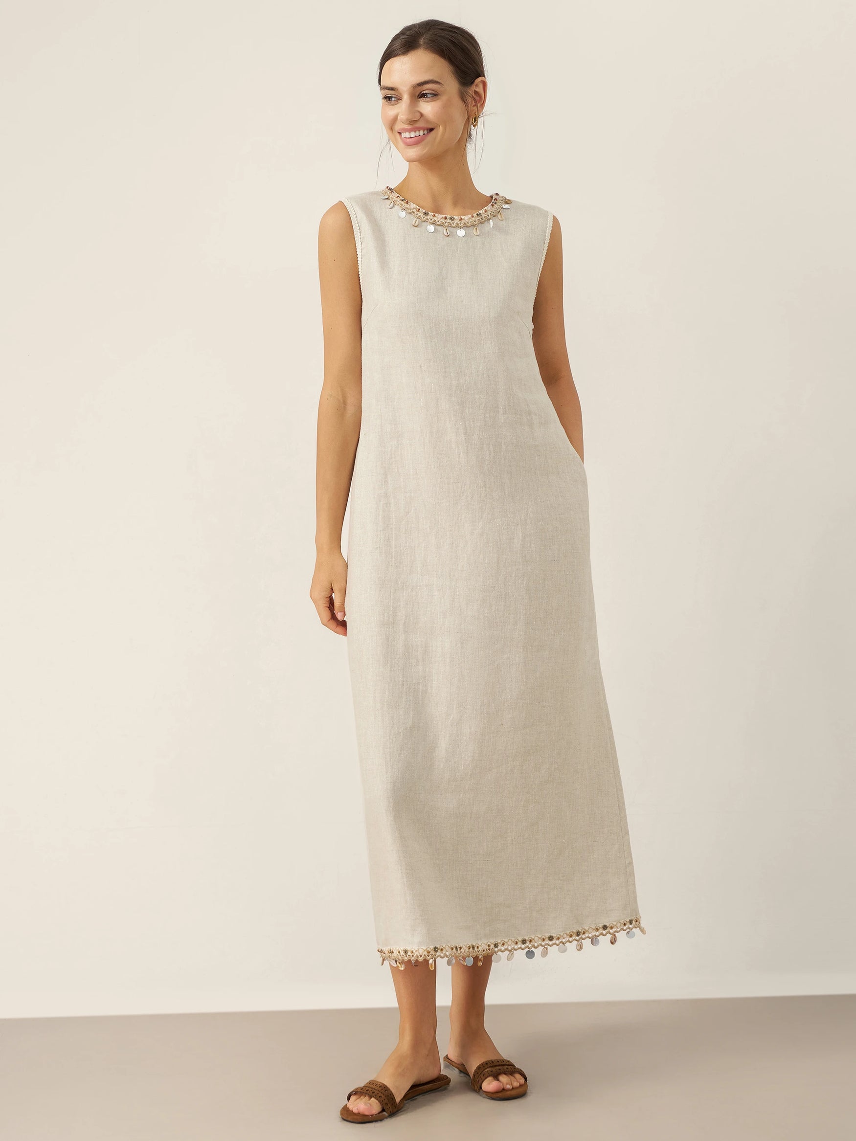 100% Linen Beaded Crew Neck Midi Dress with Belt BELLA by LINTICO for women