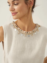 100% Linen Beaded Crew Neck Midi Dress with Belt BELLA by LINTICO for women