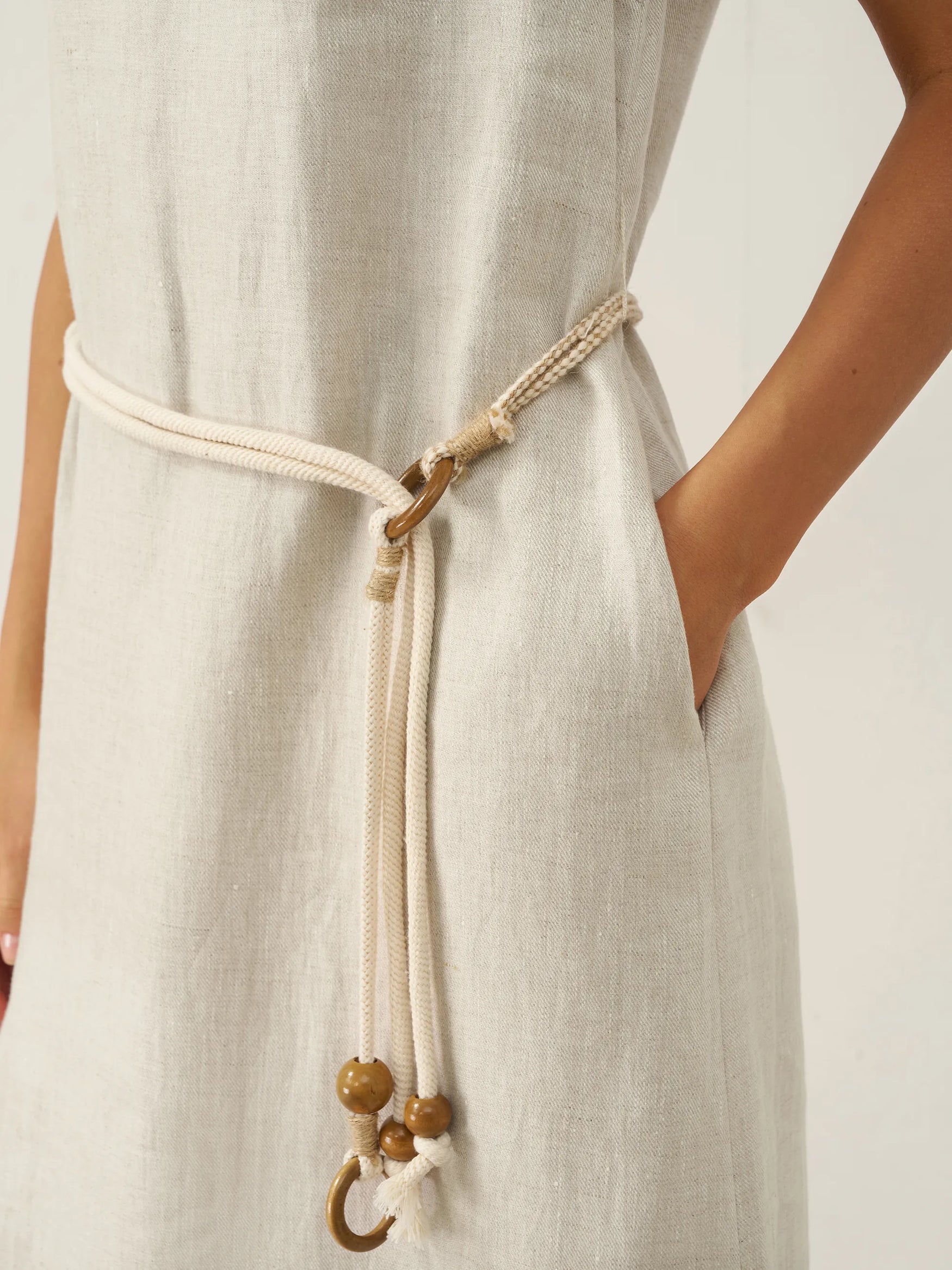 100% Linen Beaded Crew Neck Midi Dress with Belt BELLA by LINTICO for women