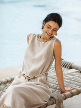 100% Linen Beaded Crew Neck Midi Dress with Belt BELLA by LINTICO for women