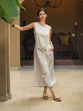 100% Linen Beaded Crew Neck Midi Dress with Belt BELLA by LINTICO for women