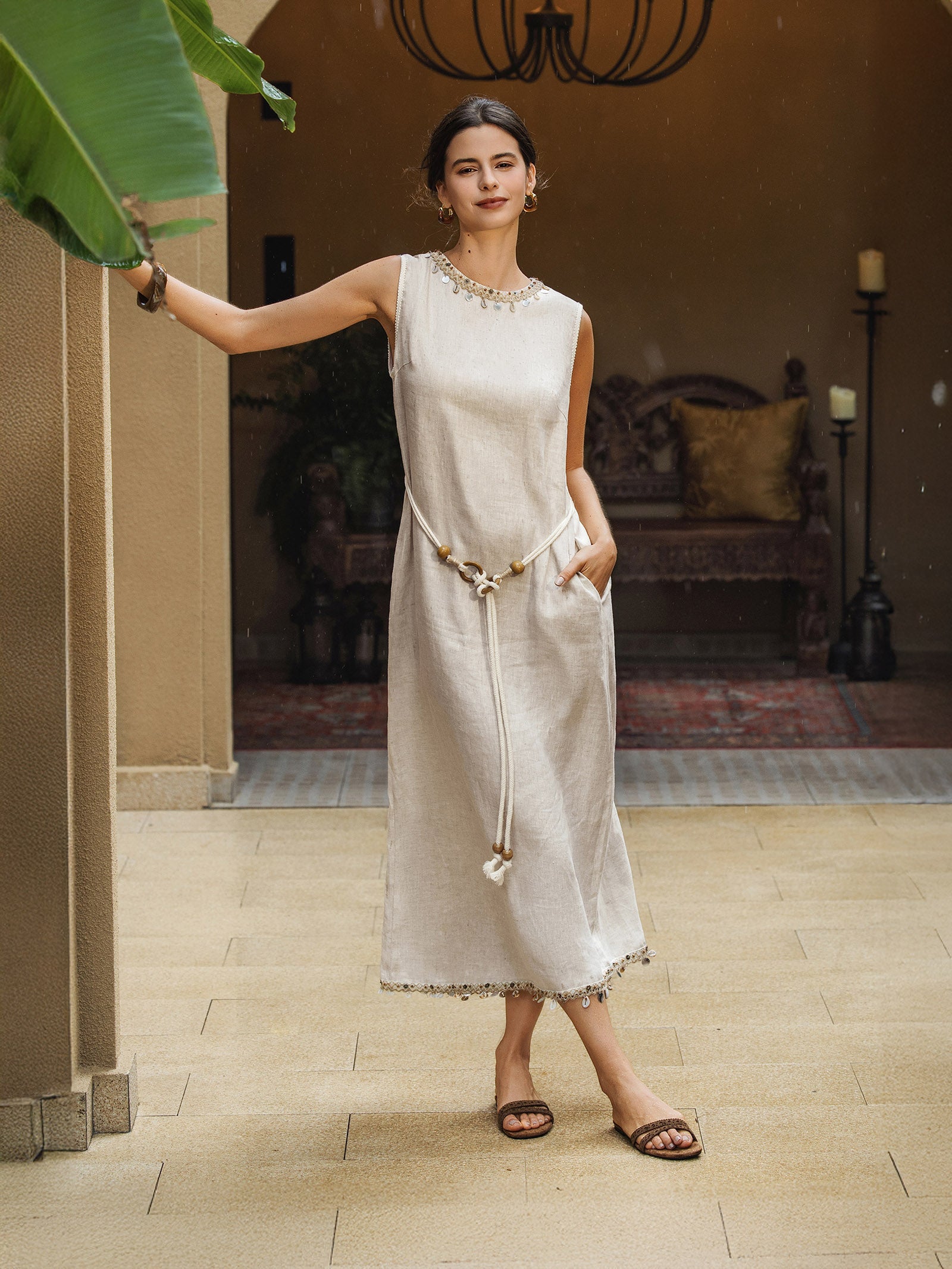 100% Linen Beaded Crew Neck Midi Dress with Belt BELLA by LINTICO for women