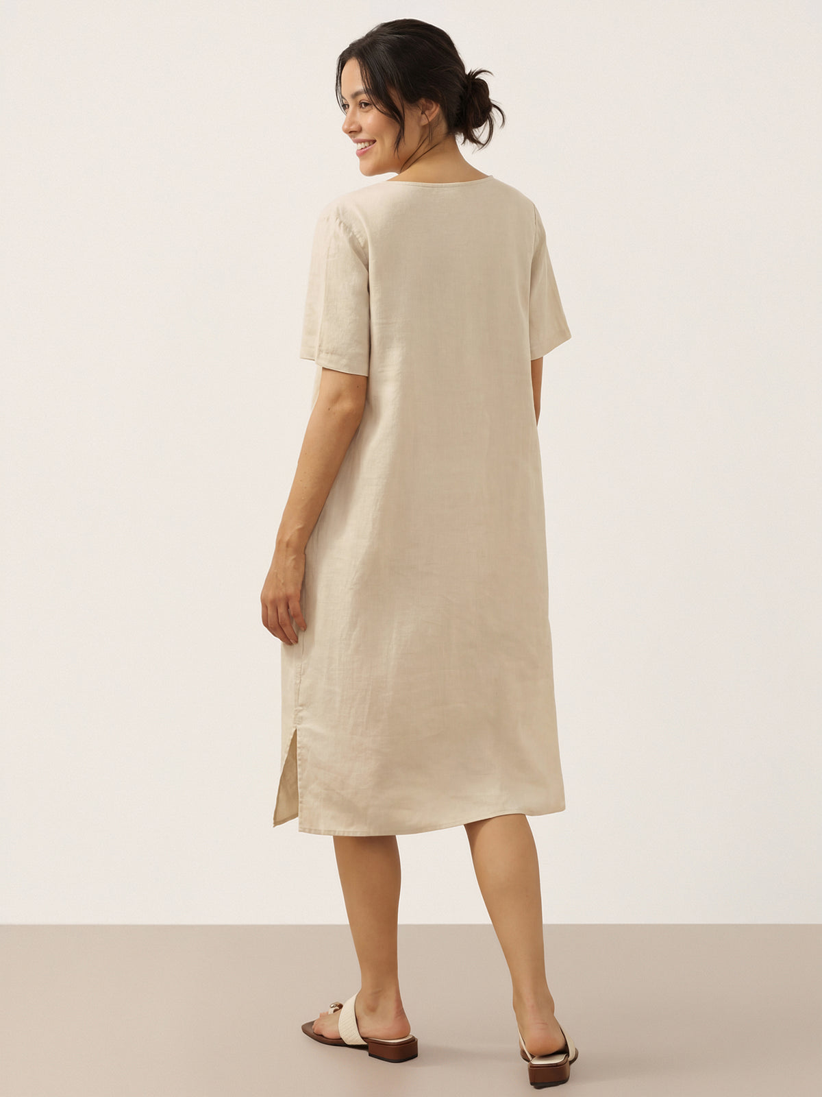 100% Linen Button Front V-Neck Midi Dress NOA by LINTICO for women