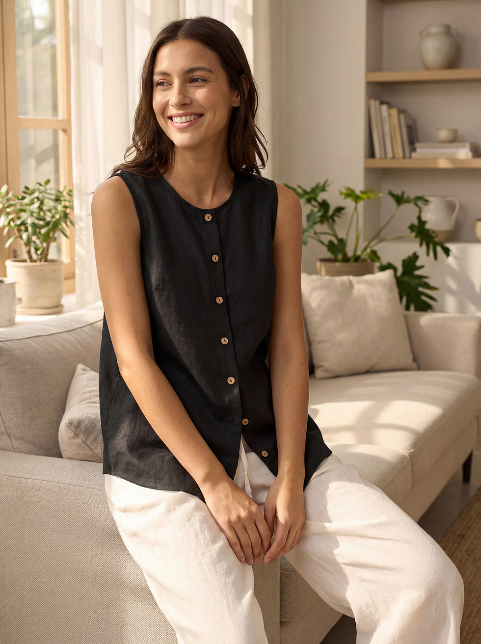 100% Linen Buttons Down Tank Top ERIN by LINTICO for women