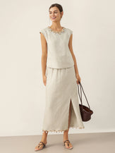 100% Linen Cap Sleeve Beaded Top BIANCA by LINTICO for women