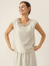 100% Linen Cap Sleeve Beaded Top BIANCA by LINTICO for women