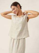 100% Linen Cap Sleeve Beaded Top BIANCA by LINTICO for women