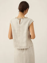 100% Linen Cap Sleeve Beaded Top BIANCA by LINTICO for women