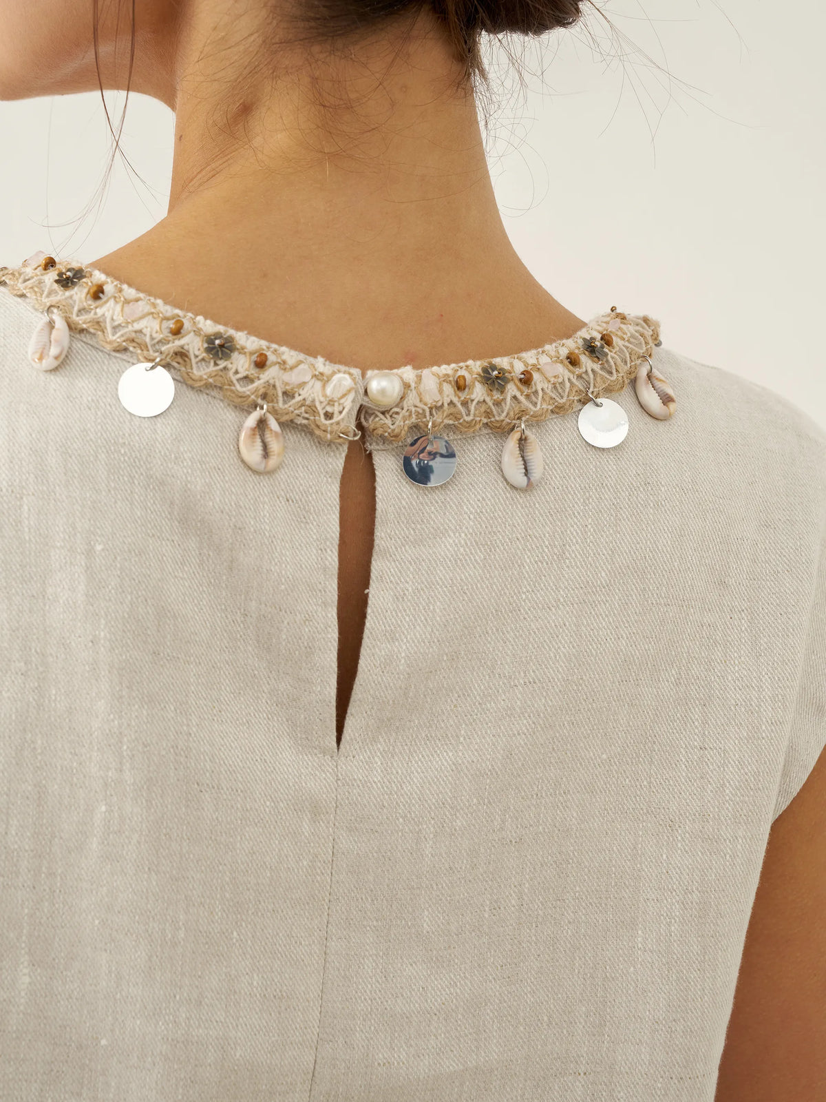 100% Linen Cap Sleeve Beaded Top BIANCA by LINTICO for women