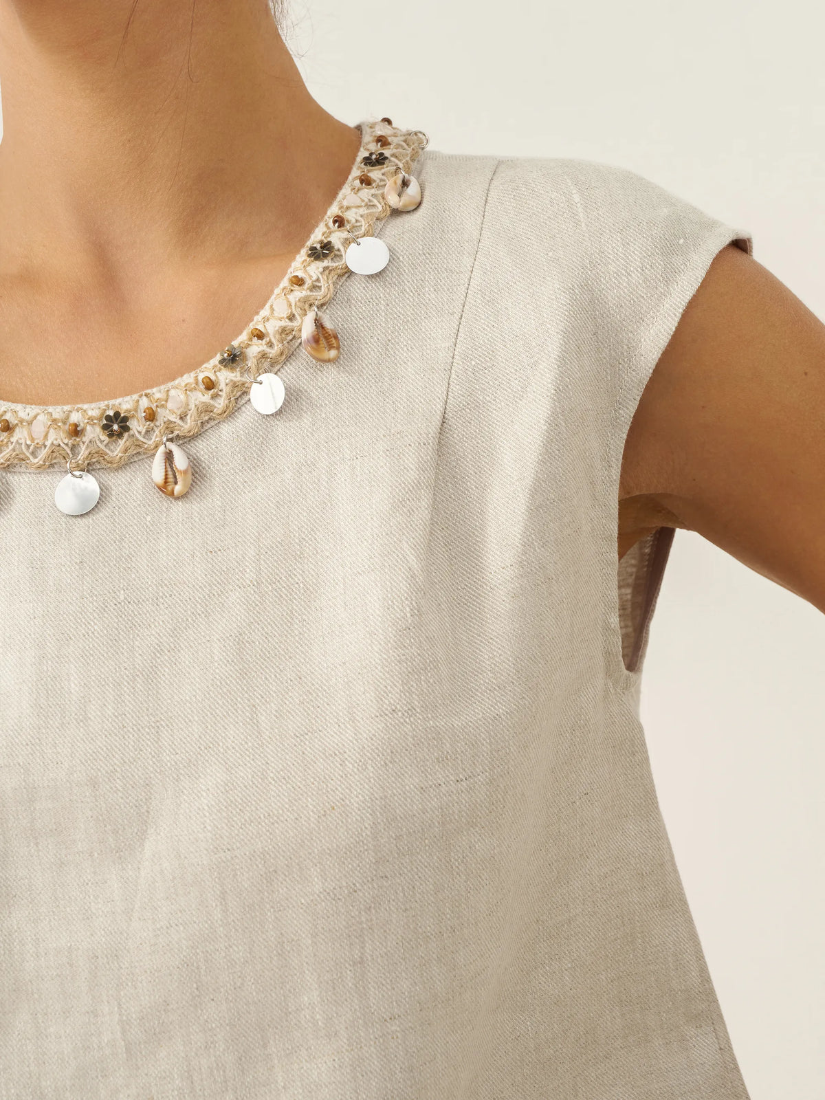 100% Linen Cap Sleeve Beaded Top BIANCA by LINTICO for women