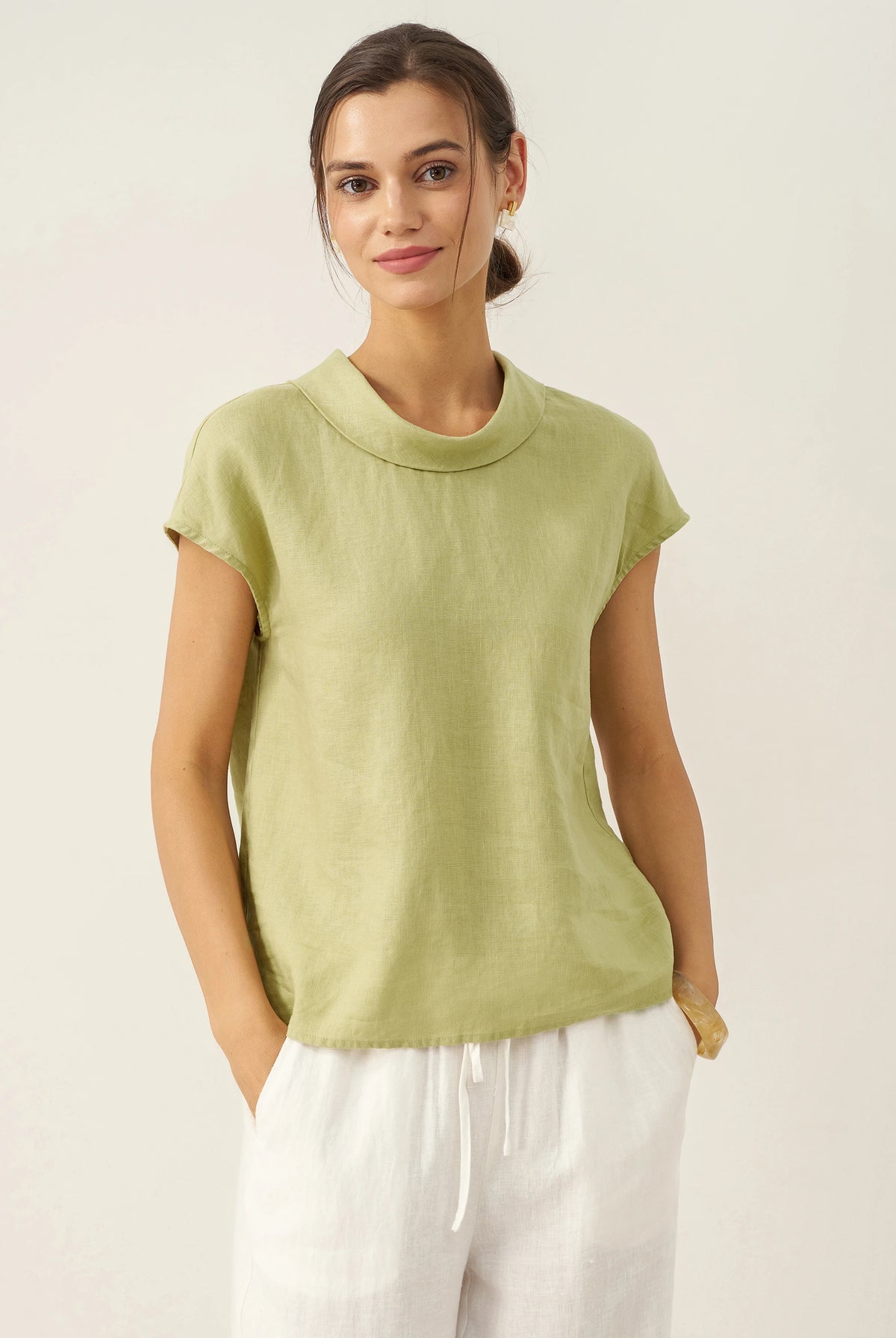 100% Linen Cap Sleeve Soft-Fold Collar Top YVONNE by LINTICO for women