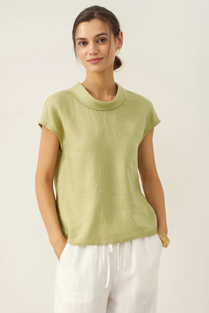 100% Linen Cap Sleeve Soft-Fold Collar Top YVONNE by LINTICO for women