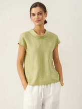 100% Linen Cap Sleeve Soft-Fold Collar Top YVONNE by LINTICO for women