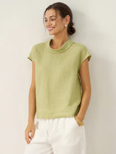 100% Linen Cap Sleeve Soft-Fold Collar Top YVONNE by LINTICO for women