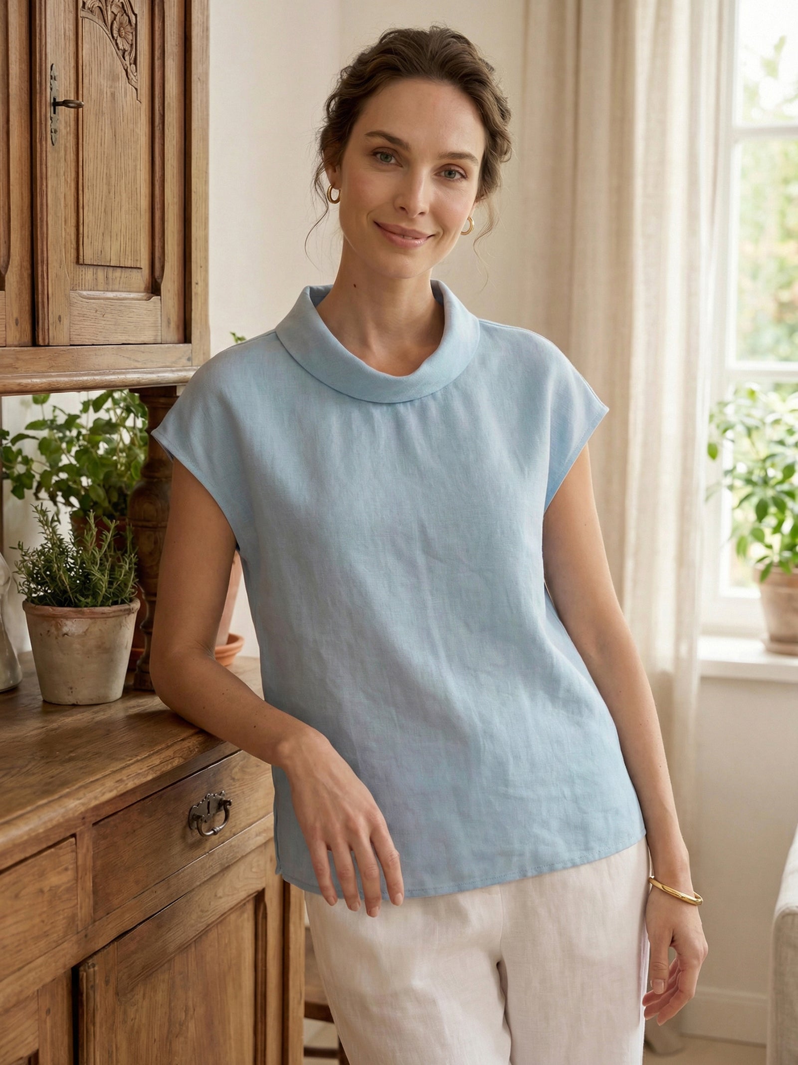 100% Linen Cap Sleeve Soft-Fold Collar Top YVONNE by LINTICO for women