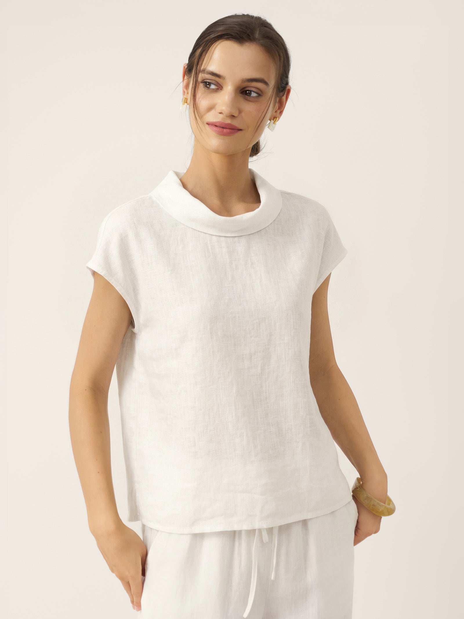 100% Linen Cap Sleeve Soft-Fold Collar Top YVONNE by LINTICO for women