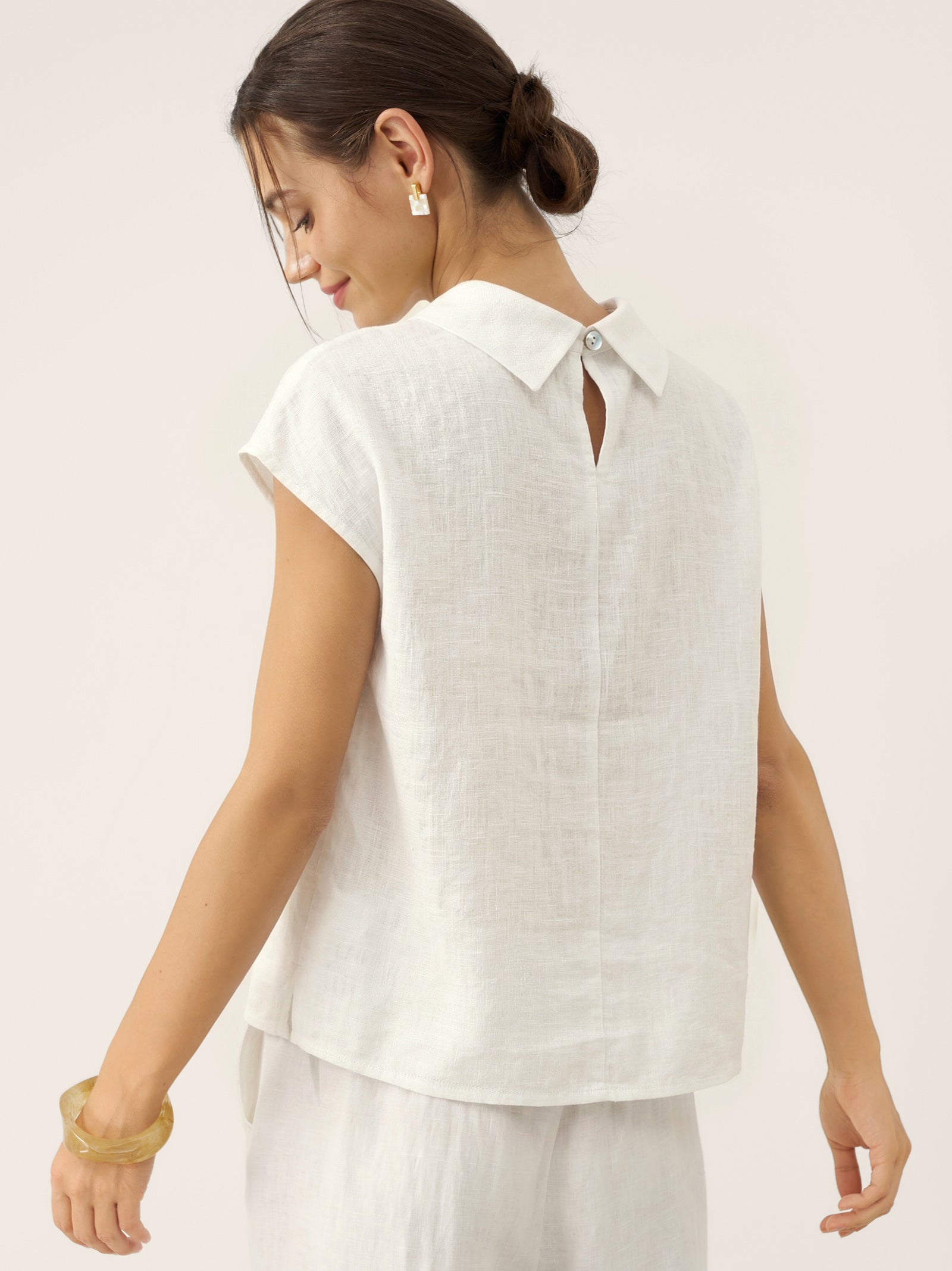100% Linen Cap Sleeve Soft-Fold Collar Top YVONNE by LINTICO for women