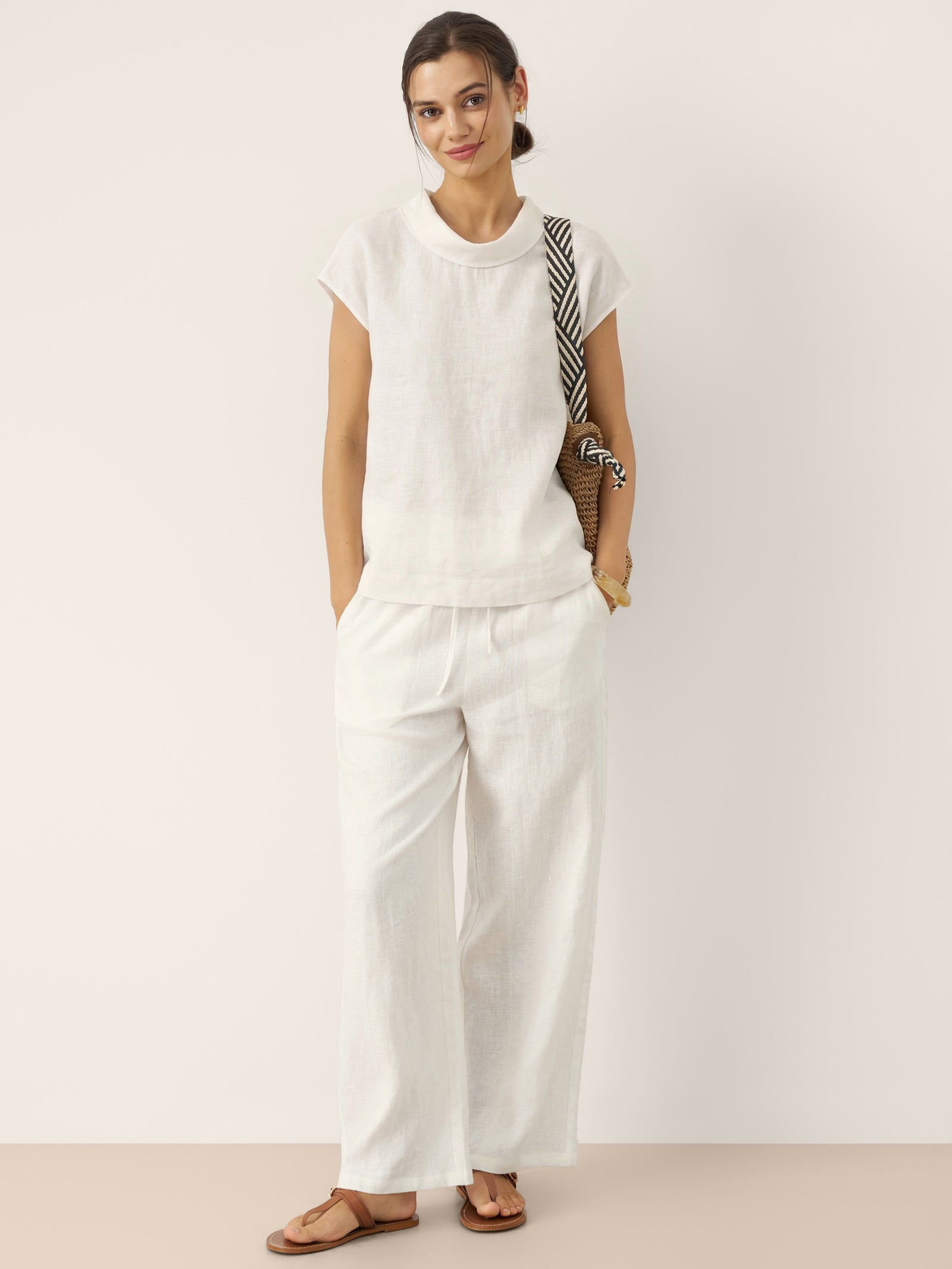 100% Linen Cap Sleeve Soft-Fold Collar Top YVONNE by LINTICO for women