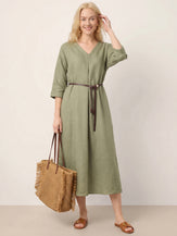 100% Linen Center Pleat V-Neck Cuffed Sleeve Midi Dress ZENOBIA by LINTICO for women