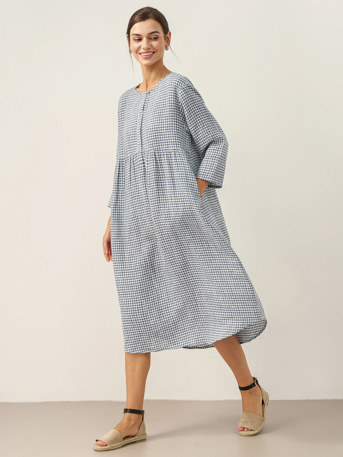 Linen Check Long Sleeve Midi Dress FIRTH by LINTICO for women