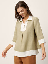 100% Linen Contrast Panel Lapel Sculpted Pleated Pullover Top VICTORIA by LINTICO for women