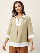100% Linen Contrast Panel Lapel Sculpted Pleated Pullover Top VICTORIA by LINTICO for women
