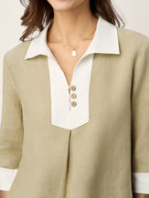 100% Linen Contrast Panel Lapel Sculpted Pleated Pullover Top VICTORIA by LINTICO for women